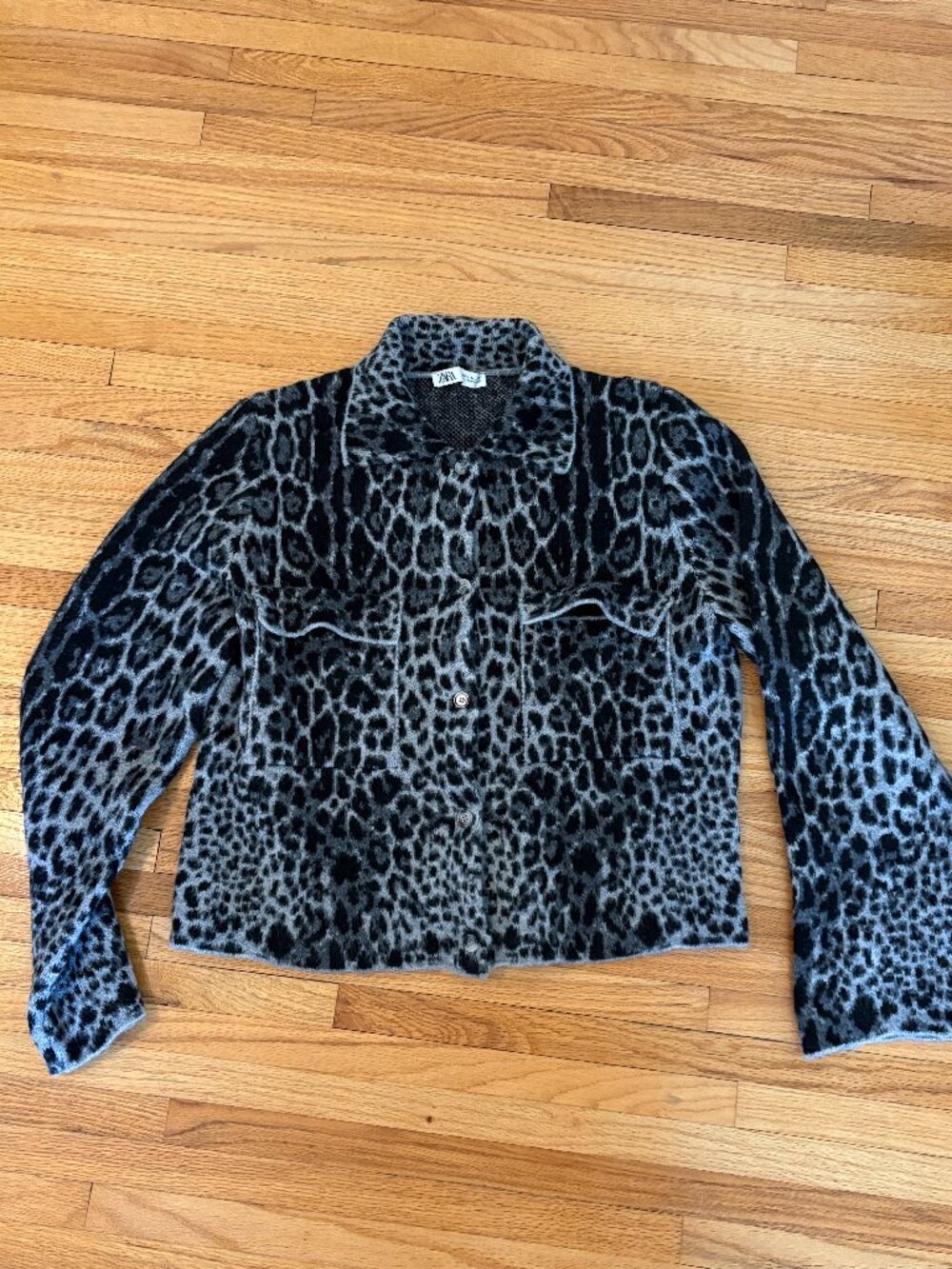 Zara Black and Gray Leopard Print Button-Up Sweater Jacket - Picture 5 of 6